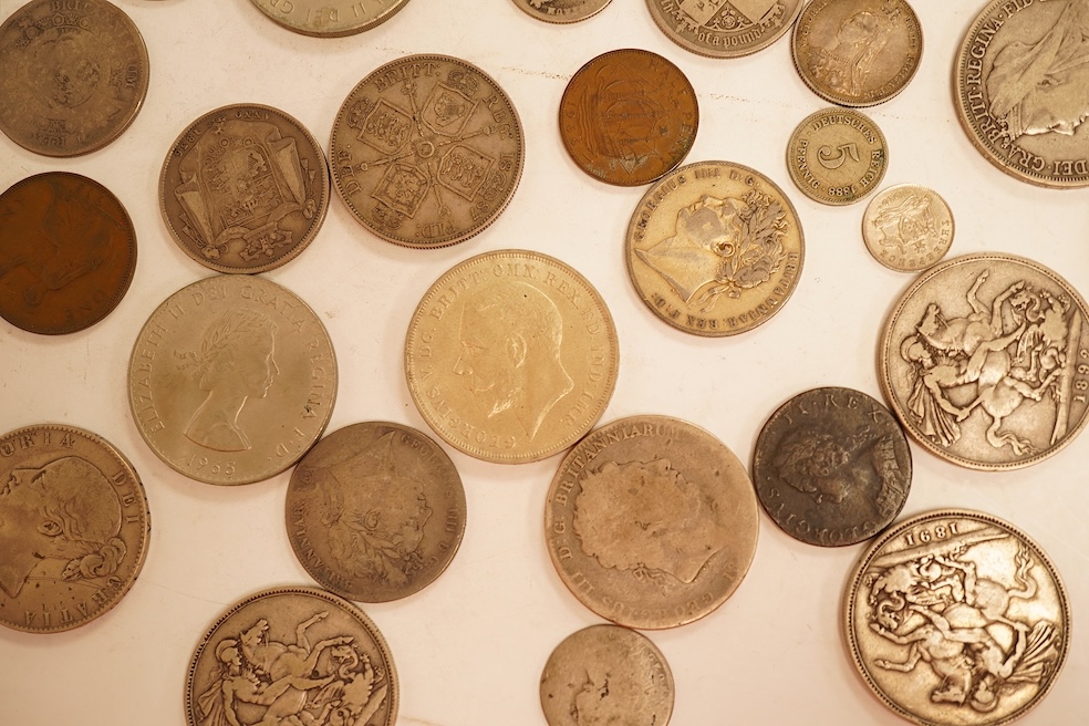 British coins, including silver crowns, George III, Victoria, George V, Victoria double florins, etc.